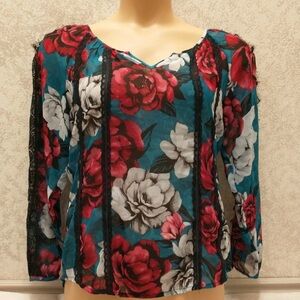 White House Black Market Floral Lace Blouse - Teal, Red, White